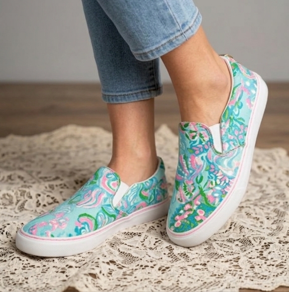 Lilly Pulitzer Shoes - Lilly Pulitzer Julie Aqua and Pink Slip-On Sneakers